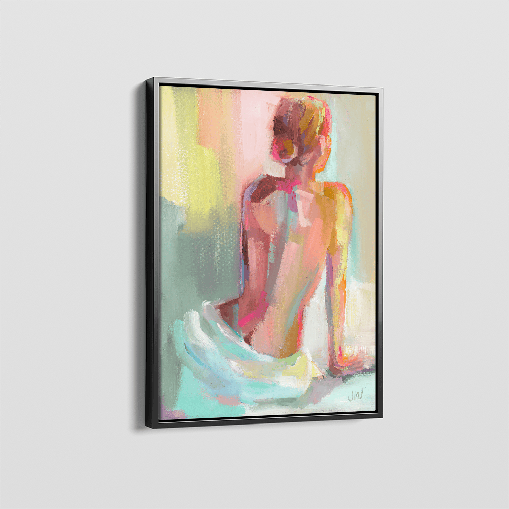 Abstract woman figure painting wall art, seated female figure wrapped in a white sheet with warm coral and ochre tones