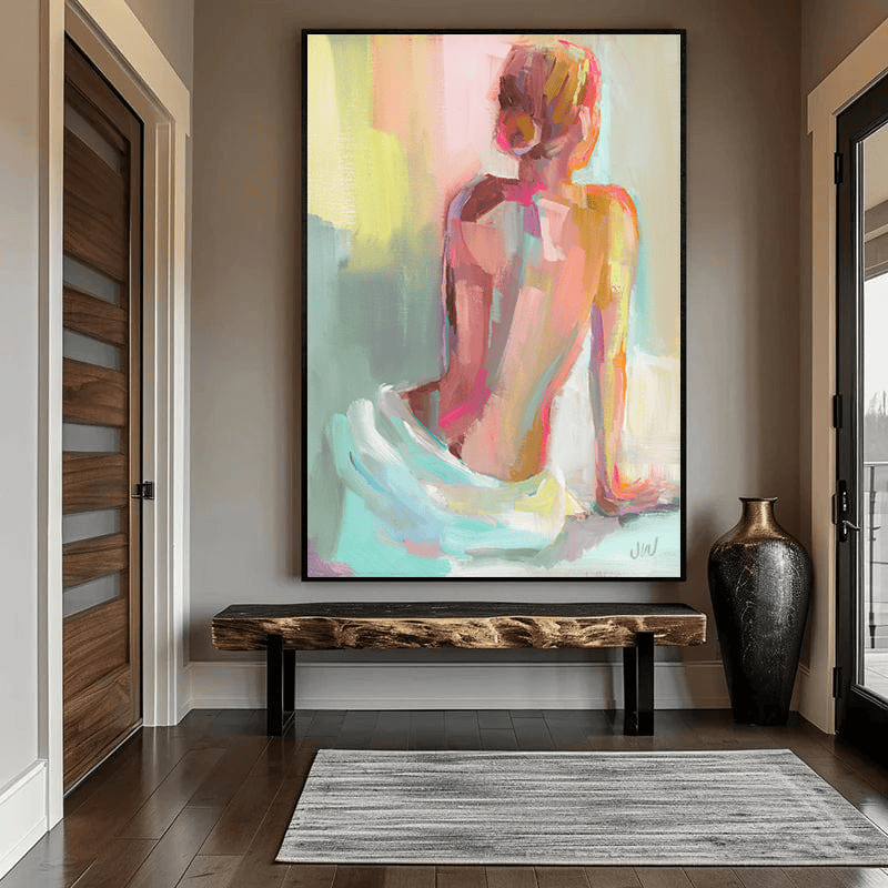 Abstract woman portrait wall art, seated female figure in coral and ochre with a white sheet hanging in an entryway