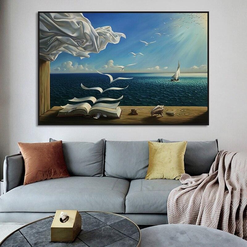 Surreal ocean landscape wall art, open book with pages transforming into flying birds over blue sea