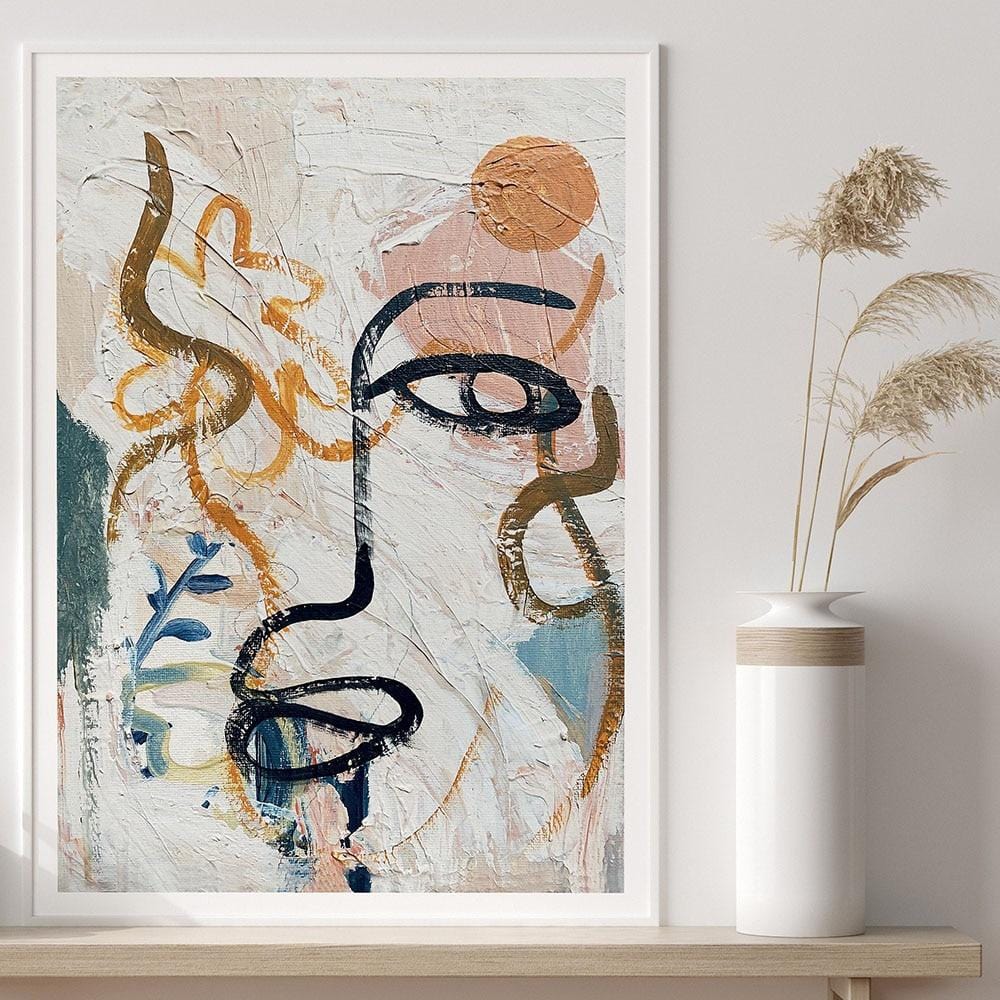 Abstract woman portrait wall art, minimal face illustration with black lines and golden brush strokes