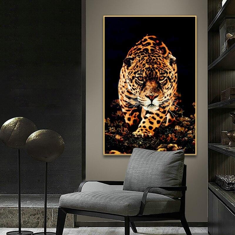 Walking Leopard wall art, fierce wild cat walking forward in the dark with orange and black tones