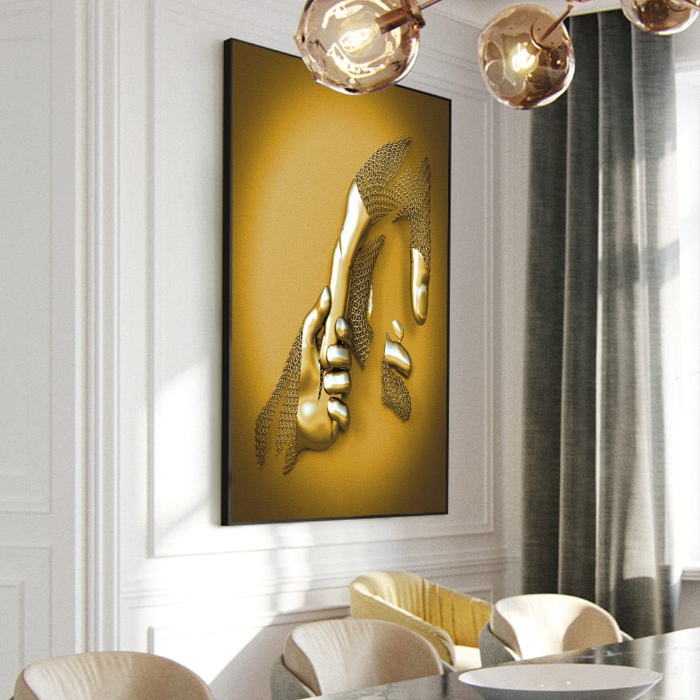 Gold abstract hands wall art, sculpted metallic figures holding each other in shimmering tones