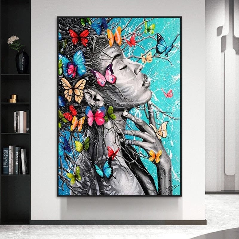 Butterfly woman wall art, black and white female profile with eyes closed and colorful butterflies in her hair on turquoise