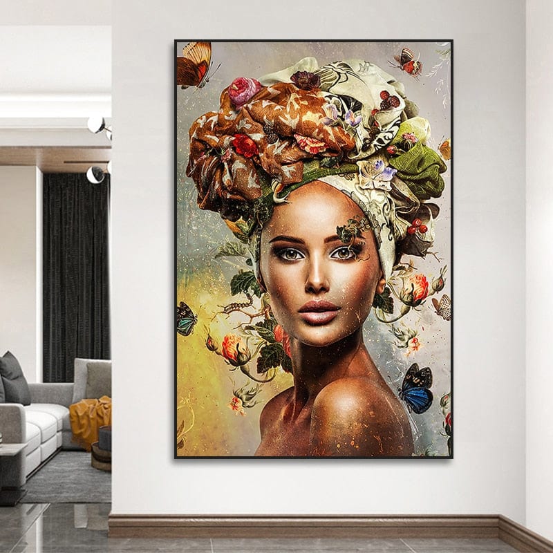 Floral head wrap woman wall art, portrait with a rose turban and butterflies on gold, black frame in a living room