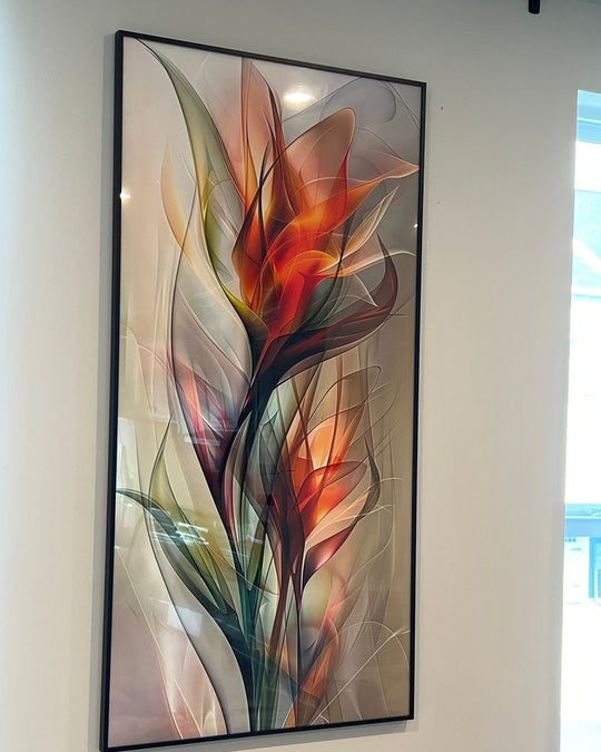 Tall framed Fiery Blooms print on a white living room wall