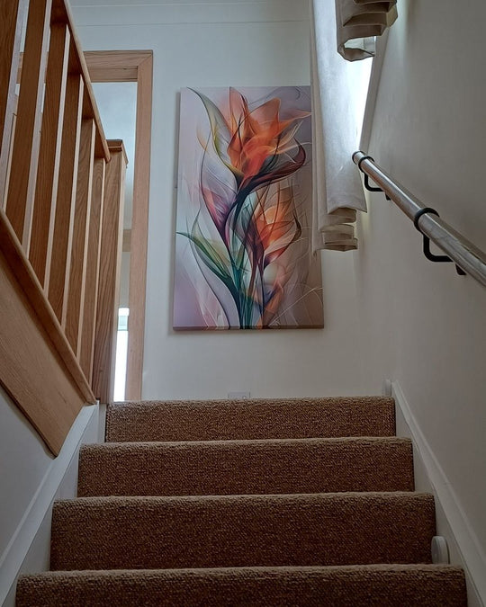 Fiery Blooms canvas on the wall at the top of a carpeted staircase