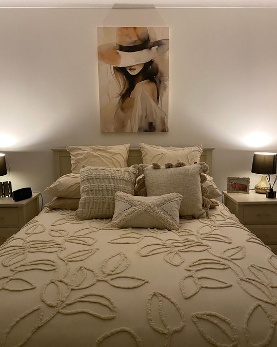 Secret Sophistication canvas above a bed with cream bedding